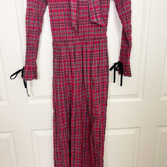 Damson Madder Alice Red Plaid Shirred Midi Dress Drop Waist Velvet Trim Sz 6 - Picture 8 of 11